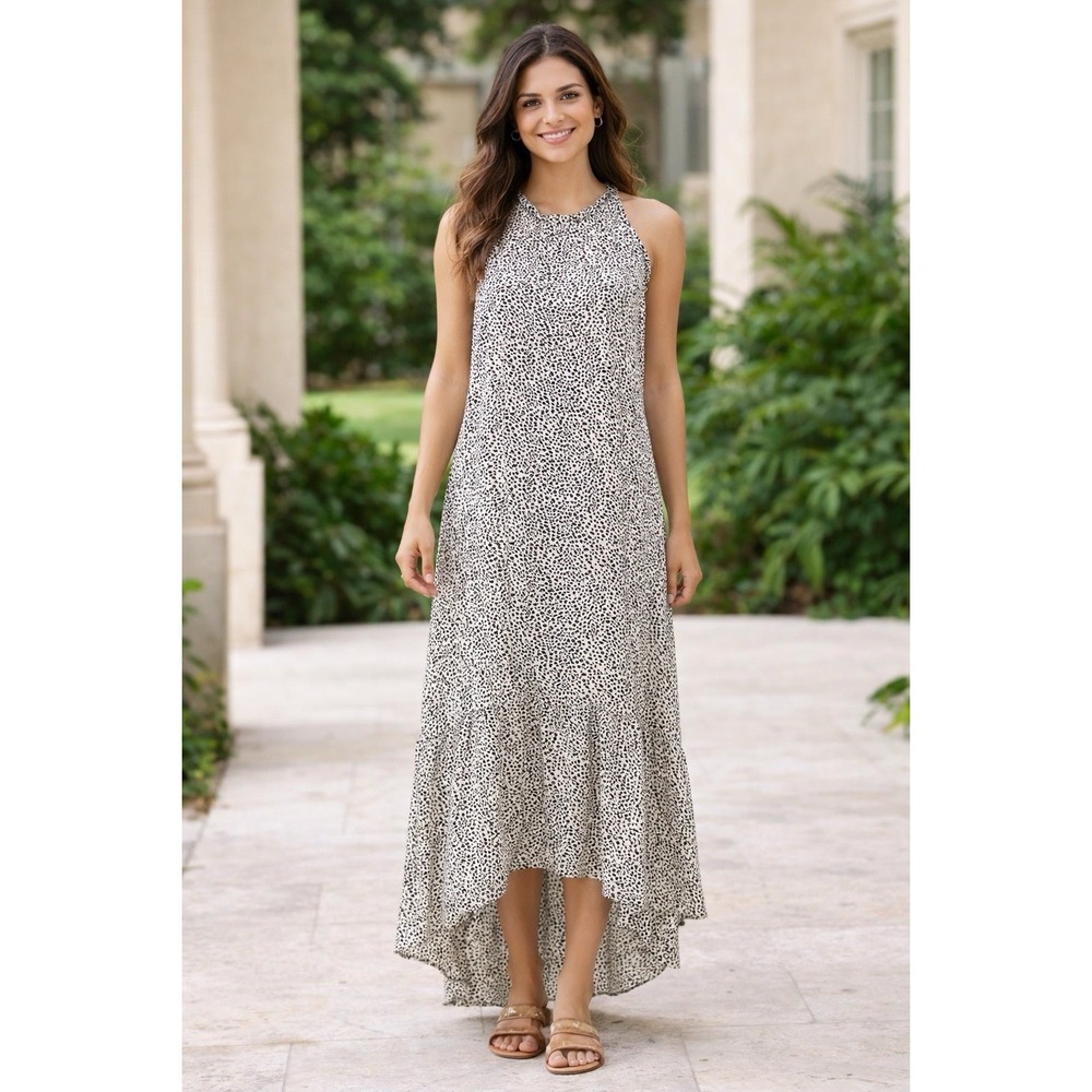 Soho Sleeveless Racerback Maxi Dress Women's Small Tan Black Animal Print Tiered